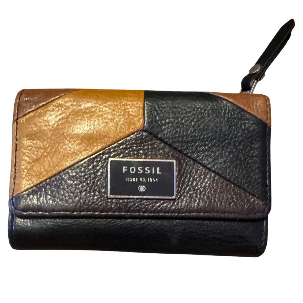 Fossil Tri Fold Wallet Colorblock Brown‎ Black Genuine Leather Pockets  Zip Back